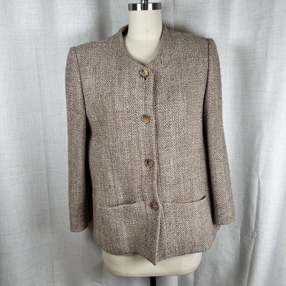 Vintage JOAN & DAVID Blazer Jacket Tweed Wool Blend Beige Womens 14 Italy